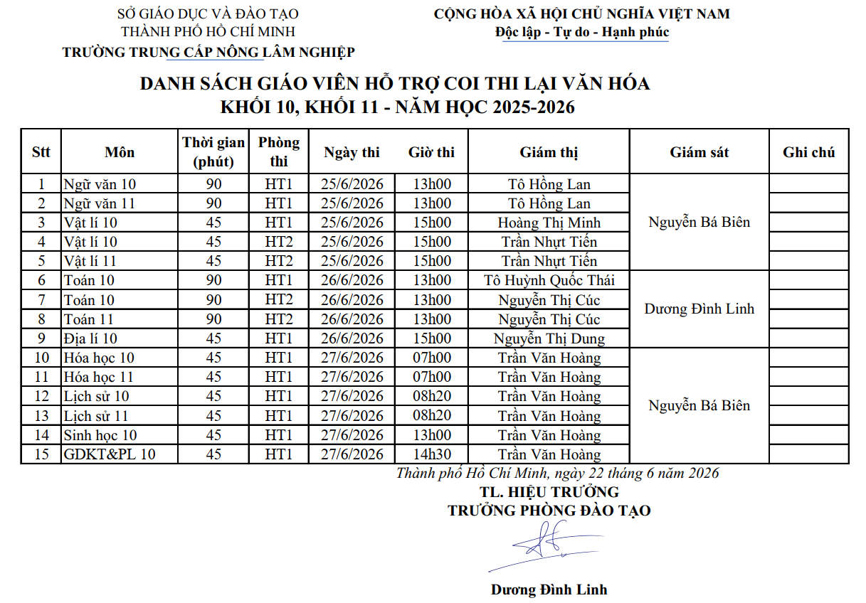 Lịch thi lại văn hóa K10, K11 ngày 25-27/6/2026